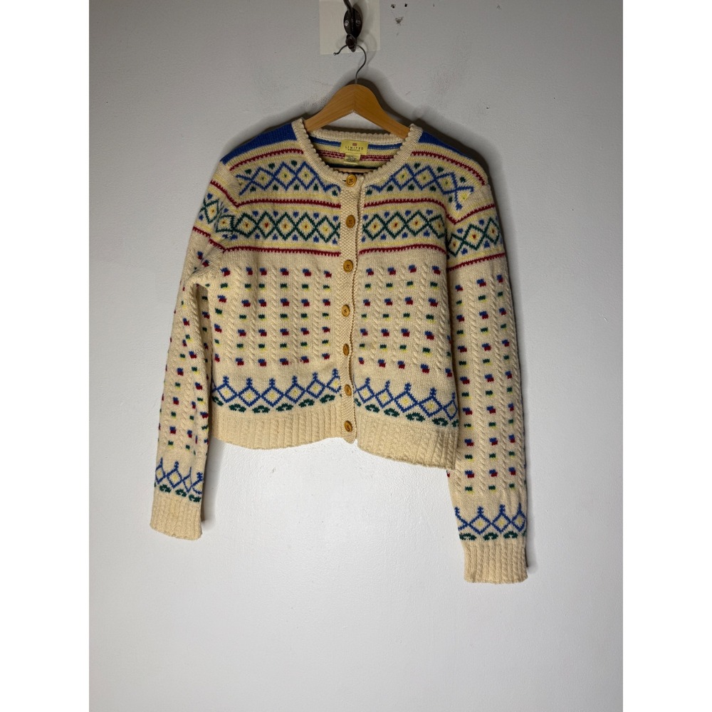 Vintage Limited America Wool Fair Isle Cardigan Sweater Cream Primary Colors L